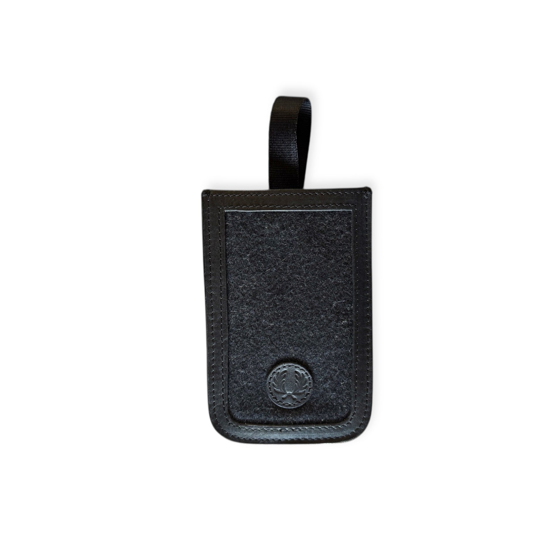 A black leather card holder with a Fred Perry logo, featuring a strap for attachment.