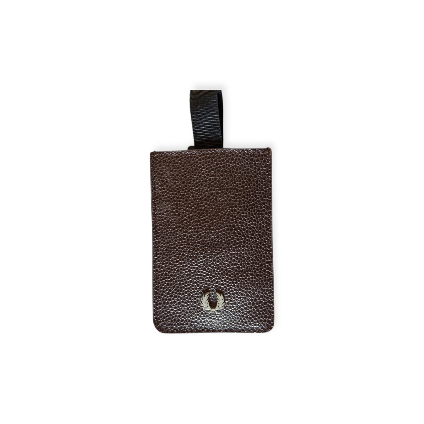 A black leather card holder with a Fred Perry logo, featuring a strap for attachment.