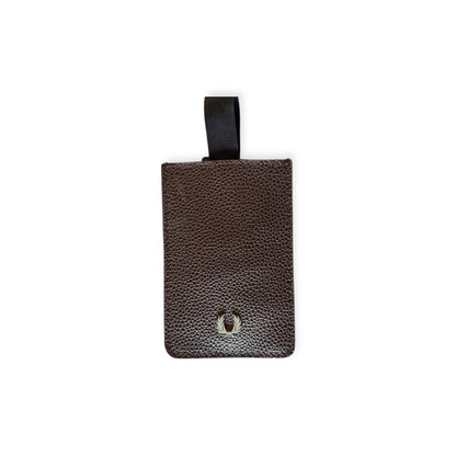 A black leather card holder with a Fred Perry logo, featuring a strap for attachment.