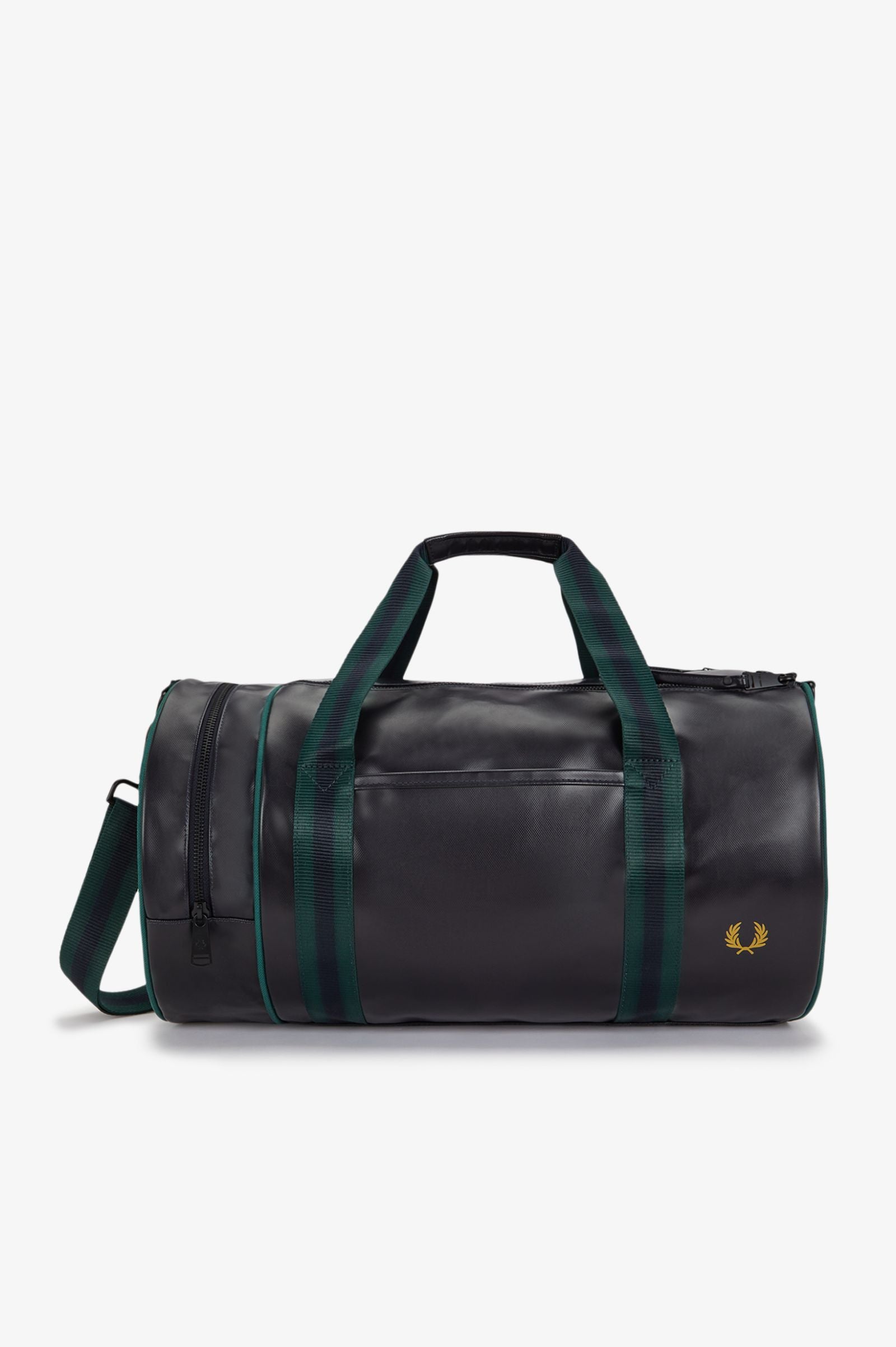 Black duffel bag with green straps on a white background