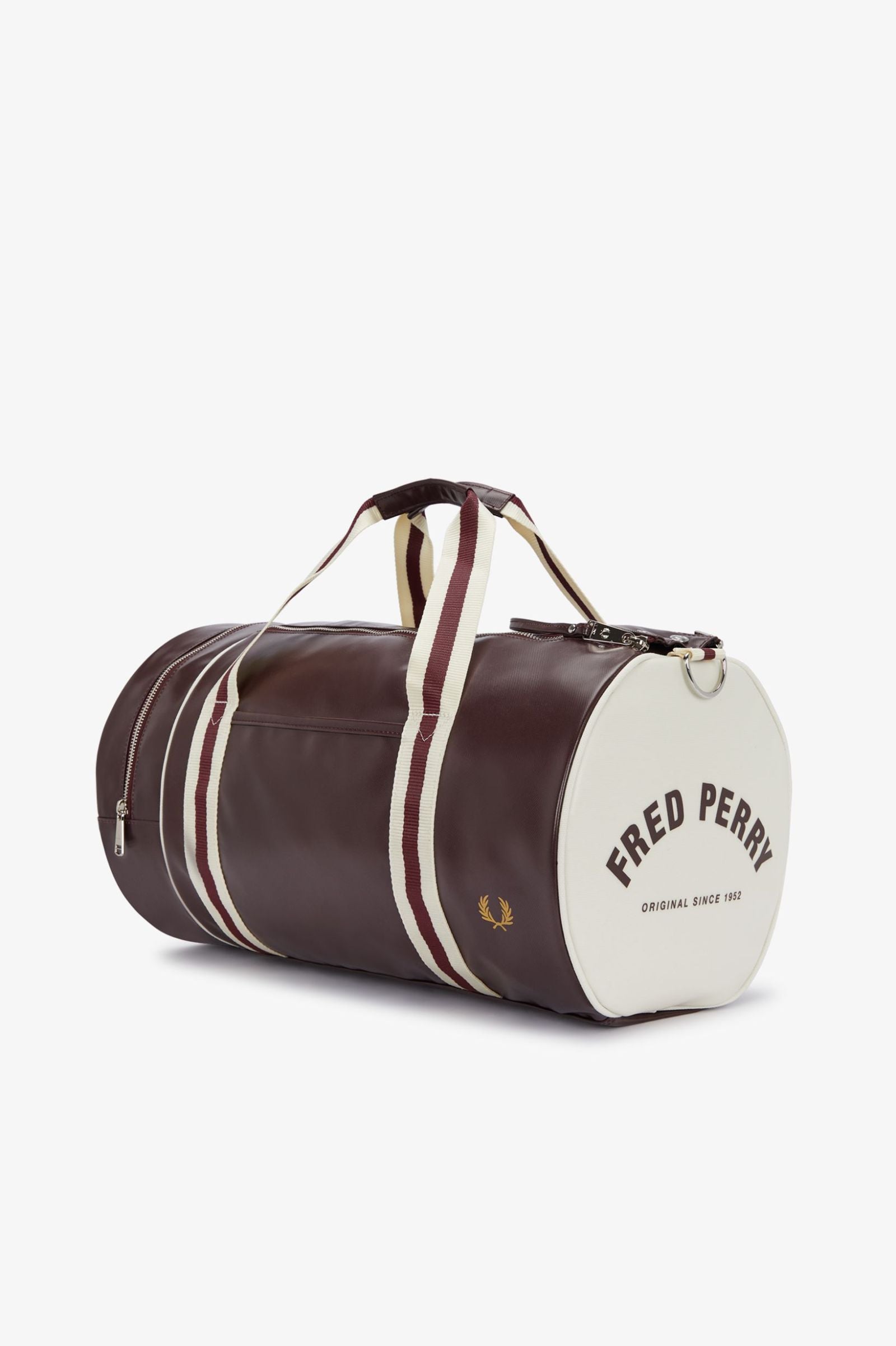 Brown and white duffel bag with 'Fred Perry' branding on a white background