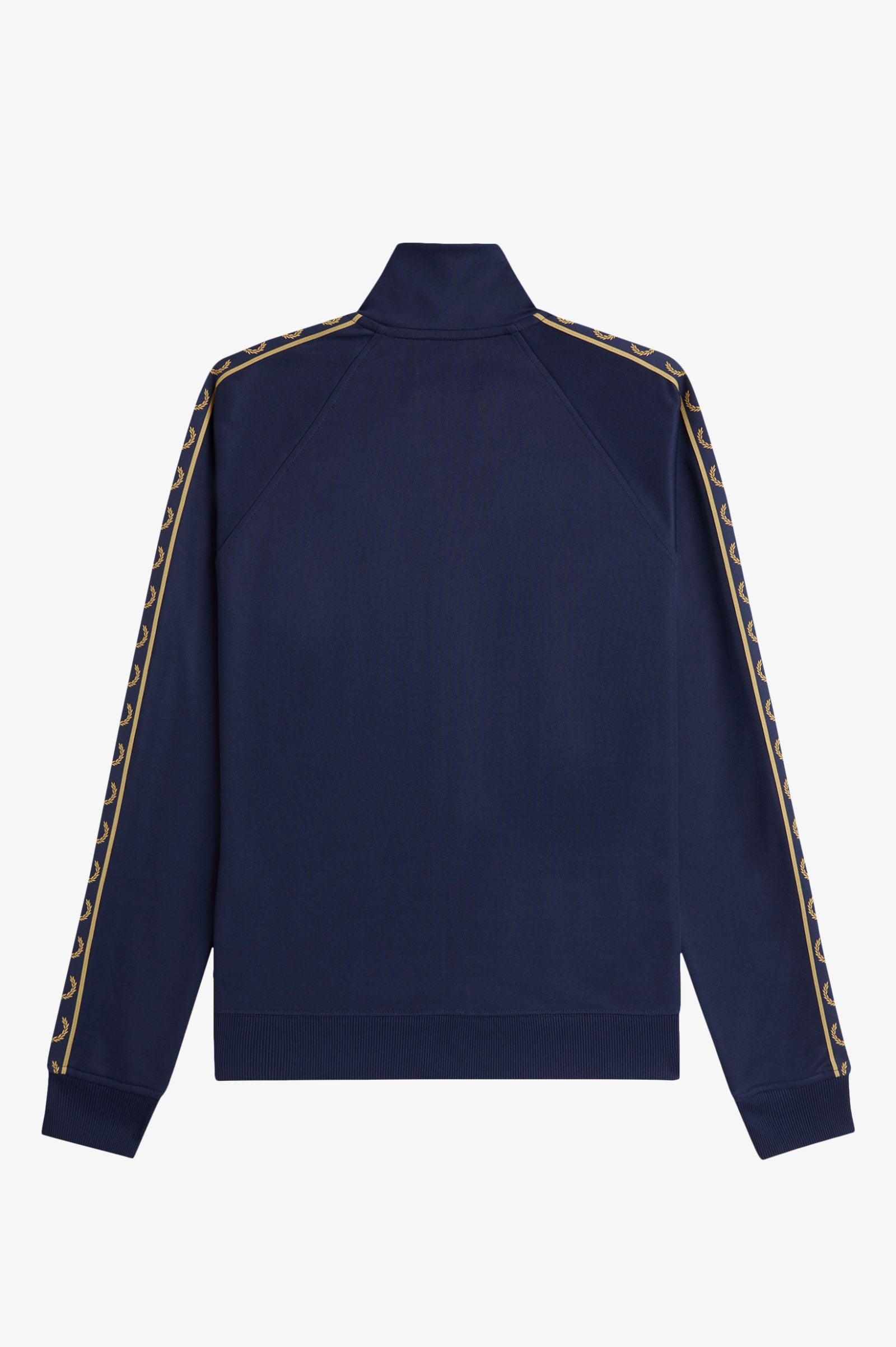 Navy blue jacket with gold and white striped sleeves on a light gray background