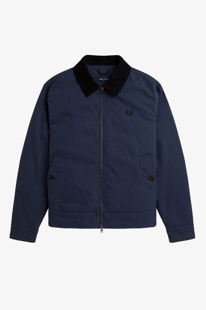 Navy jacket with black collar on a white background