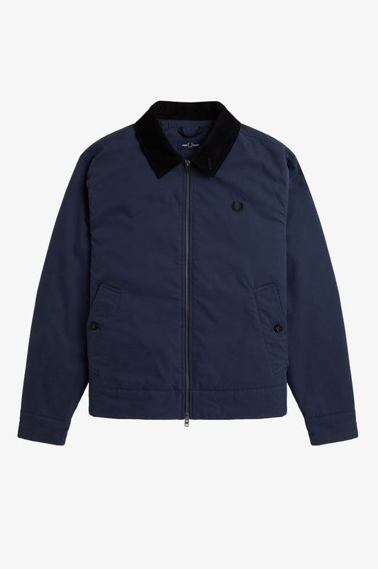 Navy jacket with black collar on a white background