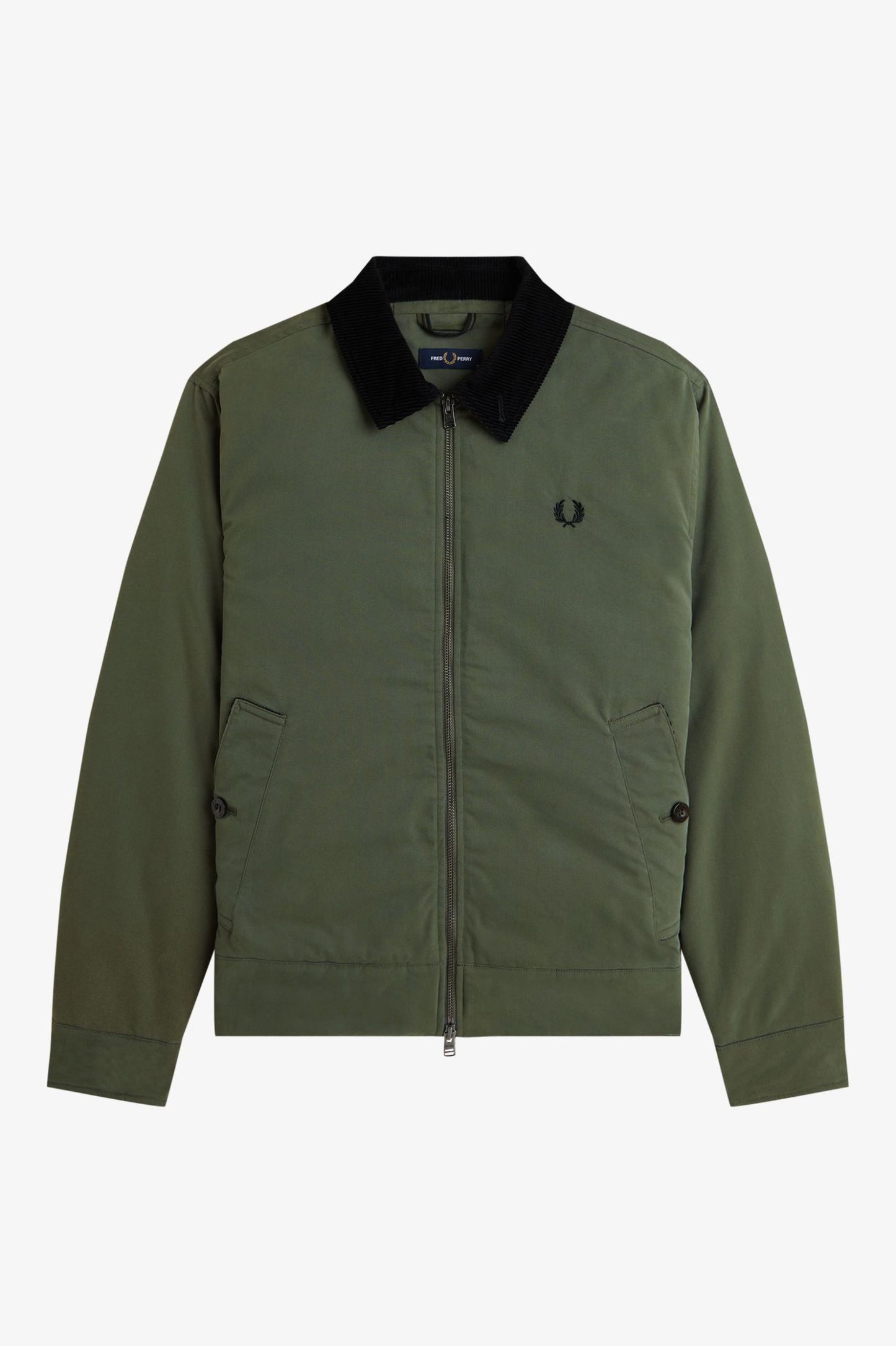 Green jacket with black collar on a white background