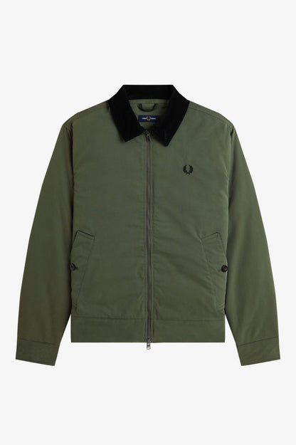 Green jacket with black collar on a white background