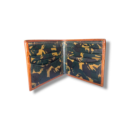 Camouflage-patterned wallet open on a white background