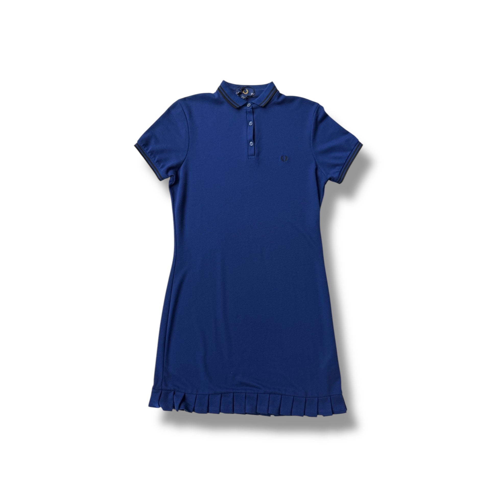 A blue Fred Perry Fluid Piqued dress with a collar, short sleeves, and a ruffled hem.