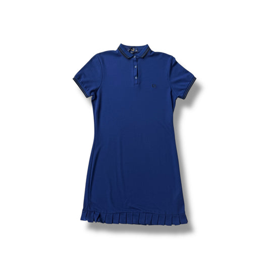 A blue Fred Perry Fluid Piqued dress with a collar, short sleeves, and a ruffled hem.