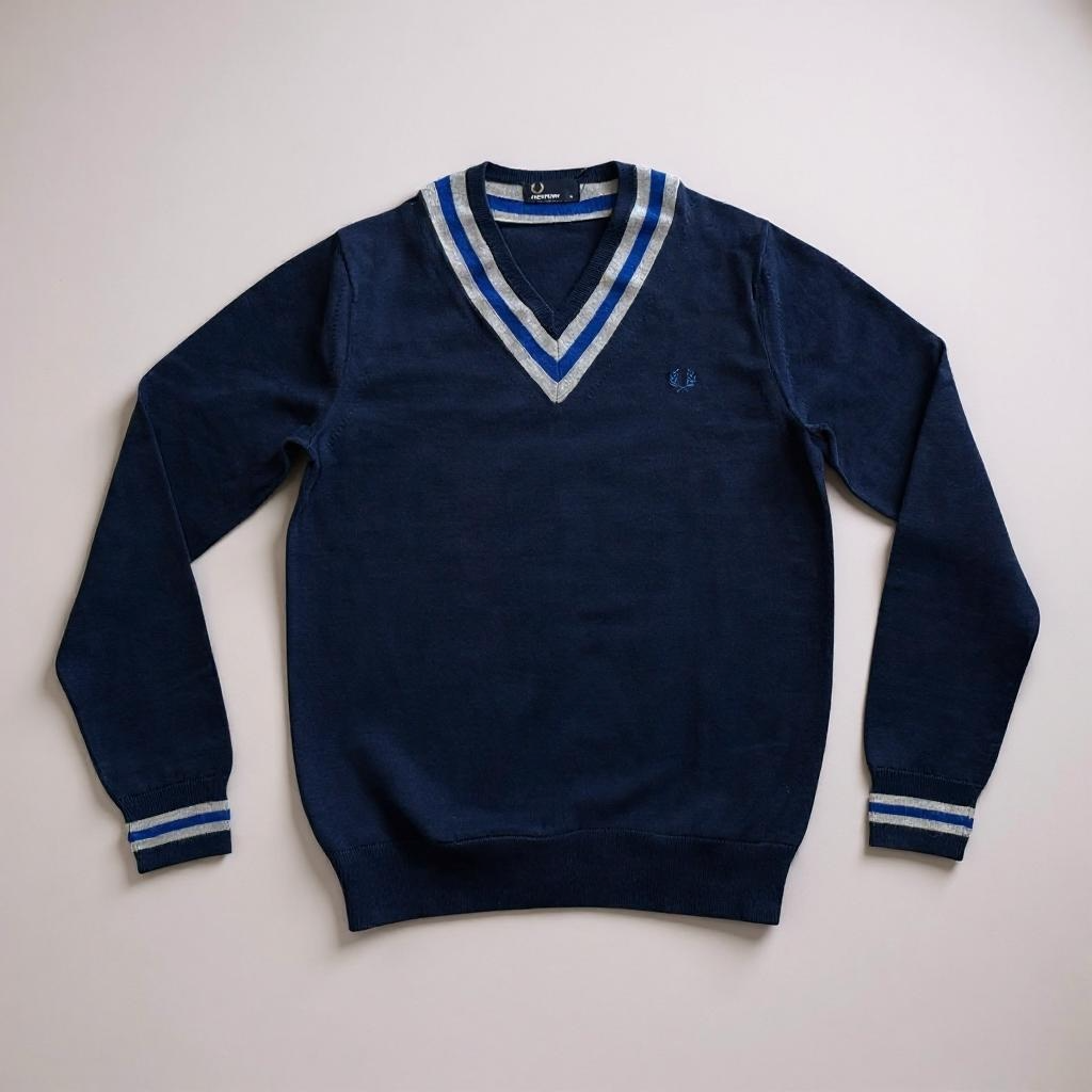 Navy blue sweater with white and blue stripes on a light gray background