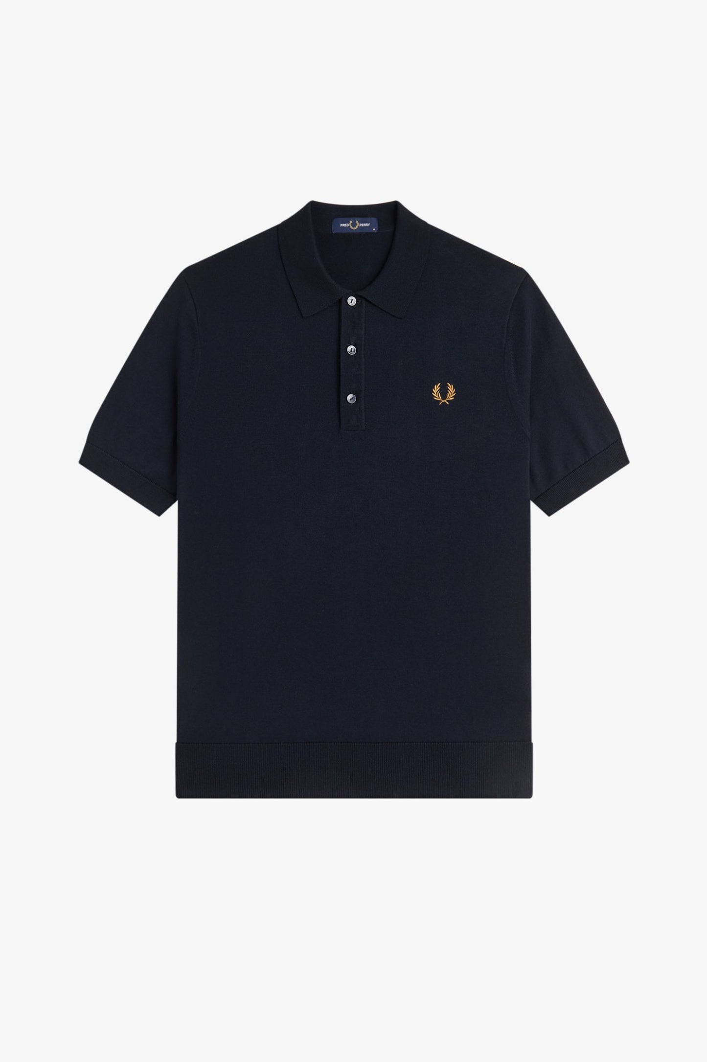 Black polo shirt with a small logo on a white background
