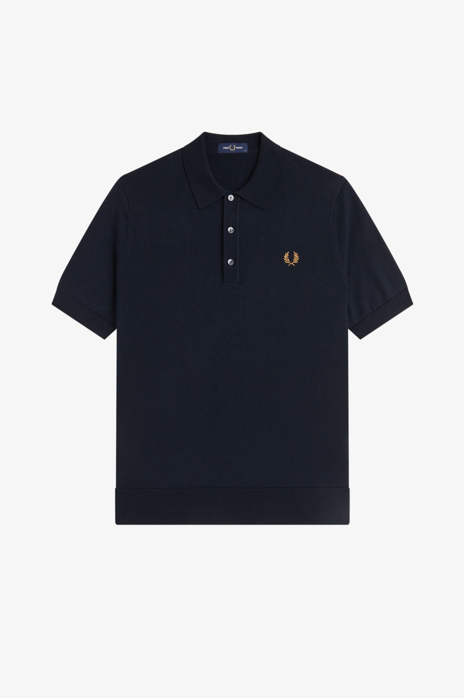 Black polo shirt with a small logo on a white background