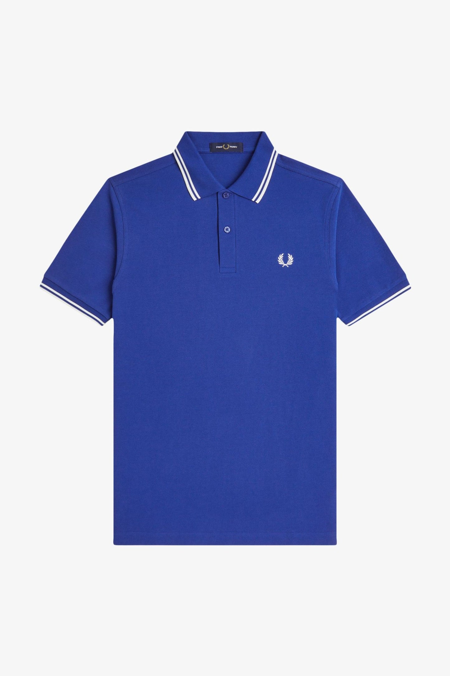 Blue polo shirt with white trim on a light gray background
