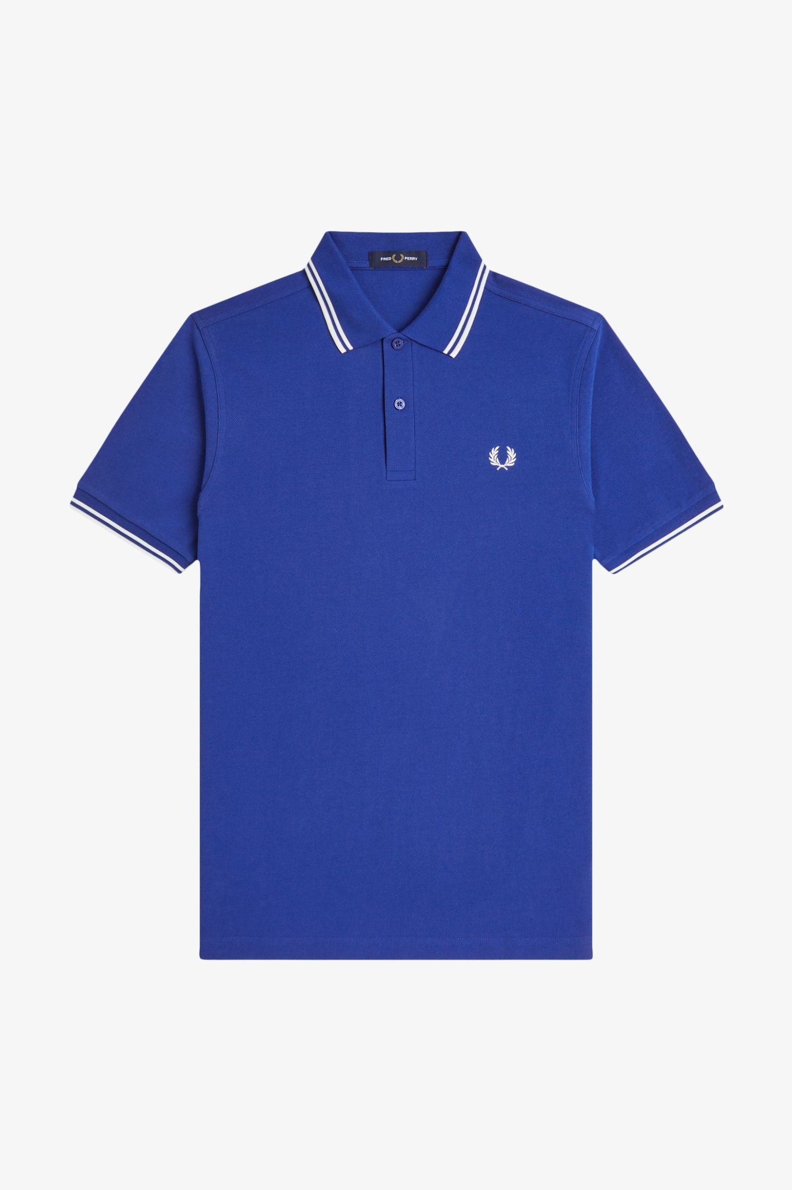 Blue polo shirt with white trim on a light gray background