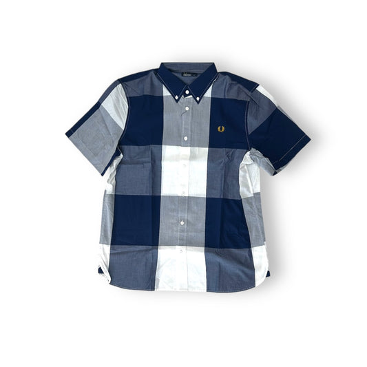 A sleeved Fred Perry Magnifeld Blue shirt with a striped pattern, featuring a collar and button-up neck.