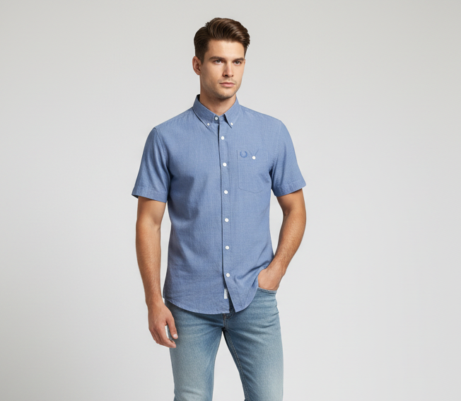 Man wearing a blue shirt and jeans on a light gray background