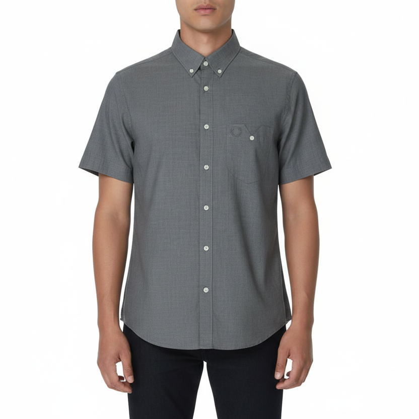 Person wearing a gray short-sleeve button-up shirt on a white background
