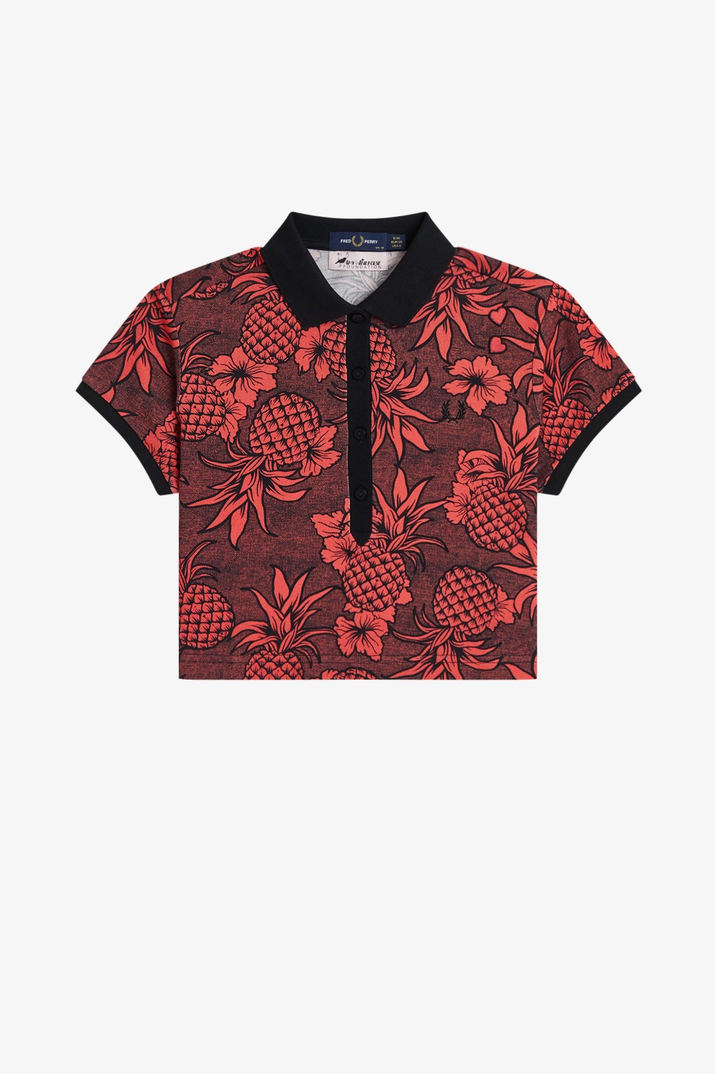 Red floral patterned polo shirt on a white background