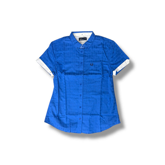 A blue gingham Fred Perry shirt displayed against a plain background.