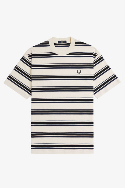 A Fred Perry relaxed stripe t-shirt with a classic design, featuring bold stripes in white and navy colors and a visible brand logo on the chest.