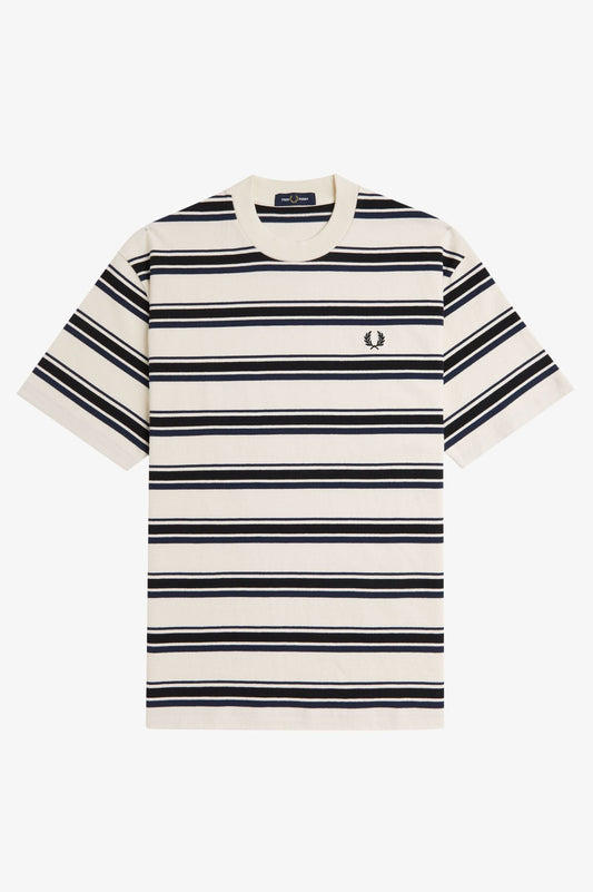 A Fred Perry relaxed stripe t-shirt with a classic design, featuring bold stripes in white and navy colors and a visible brand logo on the chest.