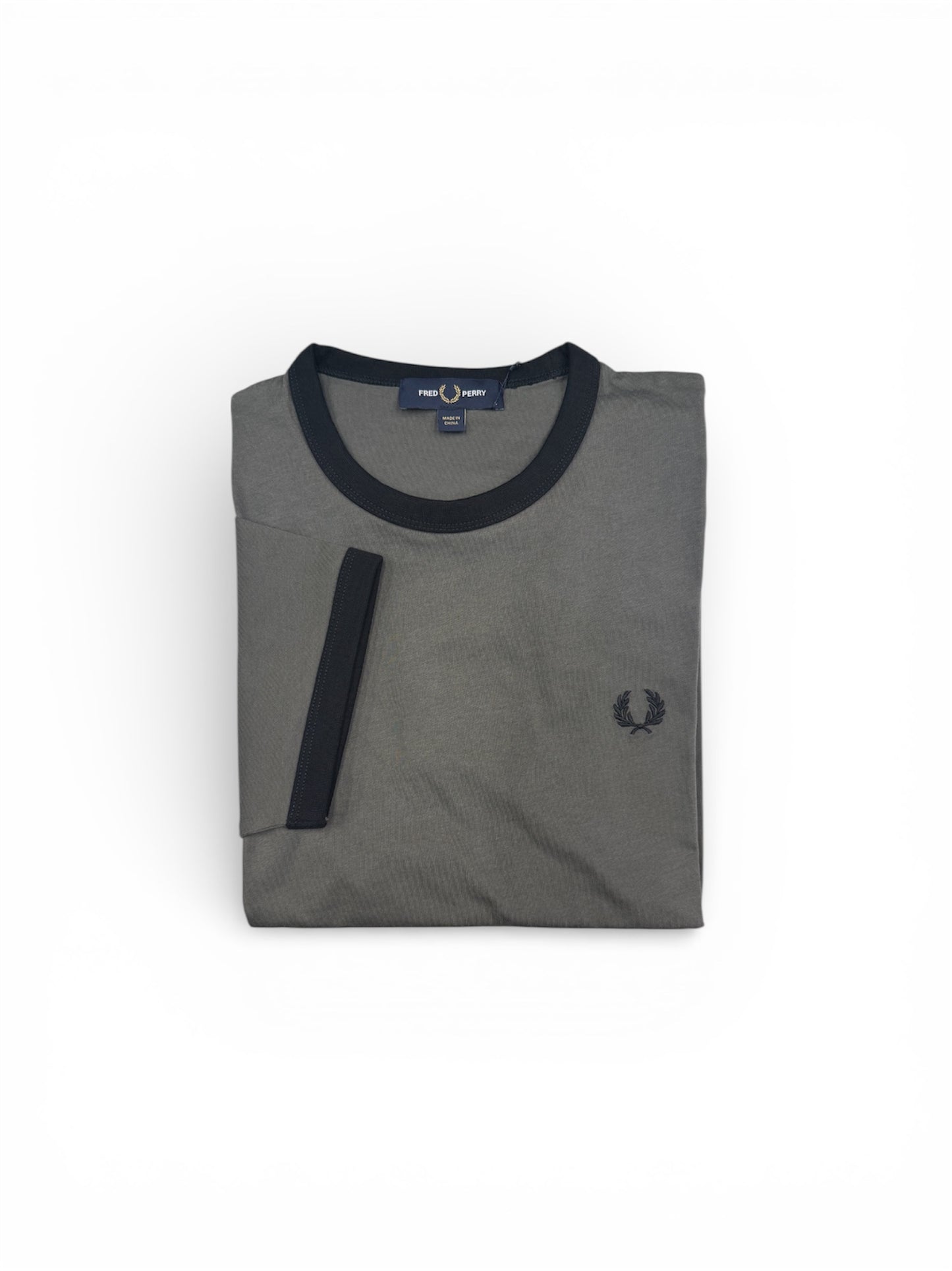 Folded gray t-shirt with black trim on a white background