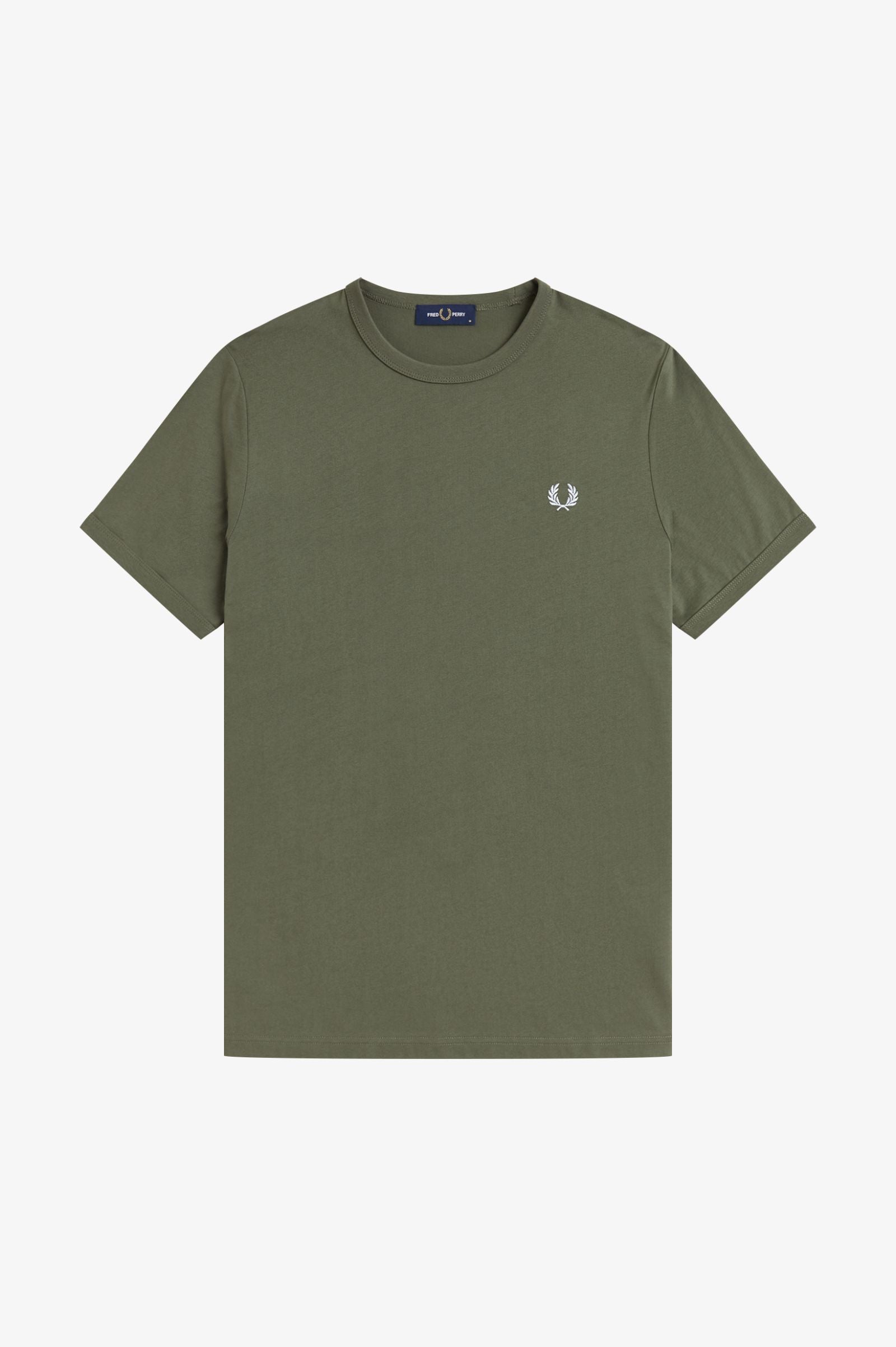 Green t-shirt with a small logo on a white background