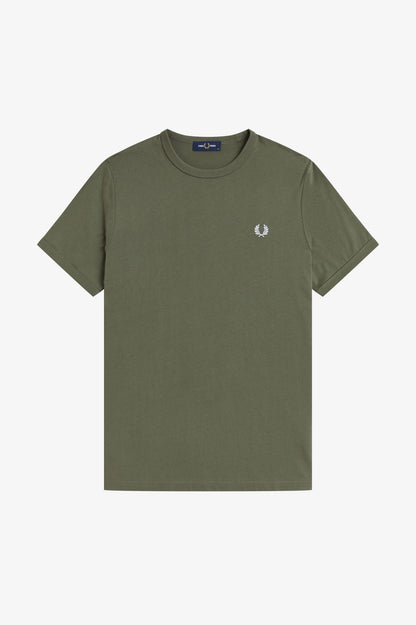 Green t-shirt with a small logo on a white background