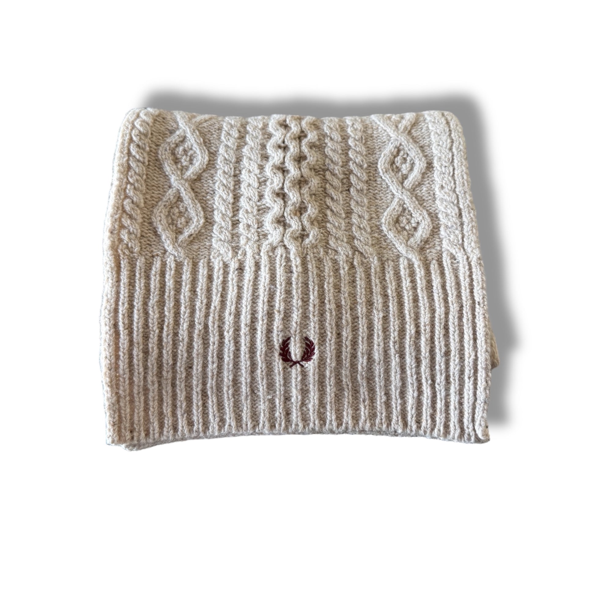 A cable knit scarf in a charcoal marl color, featuring the Fred Perry logo.