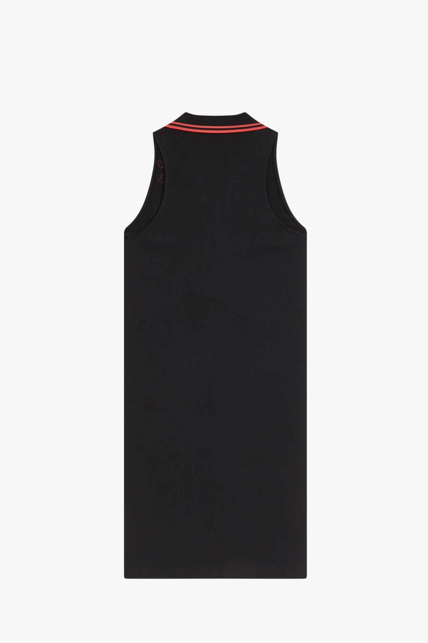 Black sleeveless dress with red trim on a white background