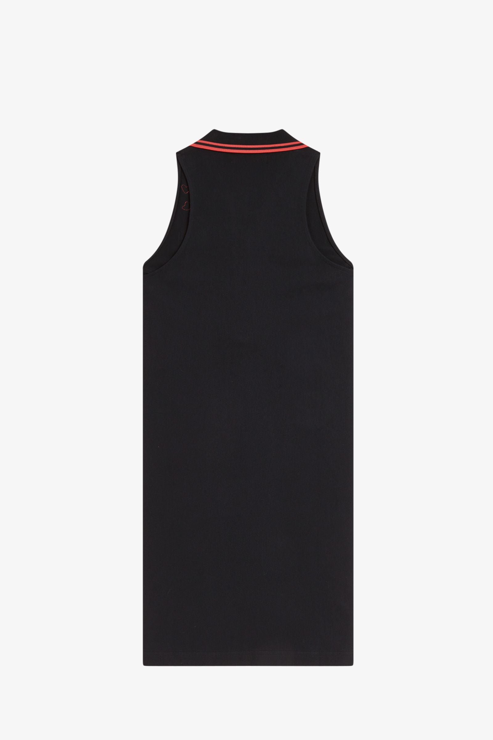 Black sleeveless dress with red trim on a white background