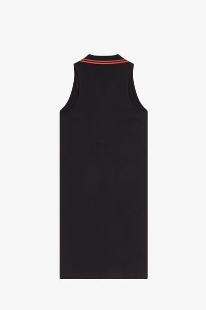 Black sleeveless dress with red trim on a white background