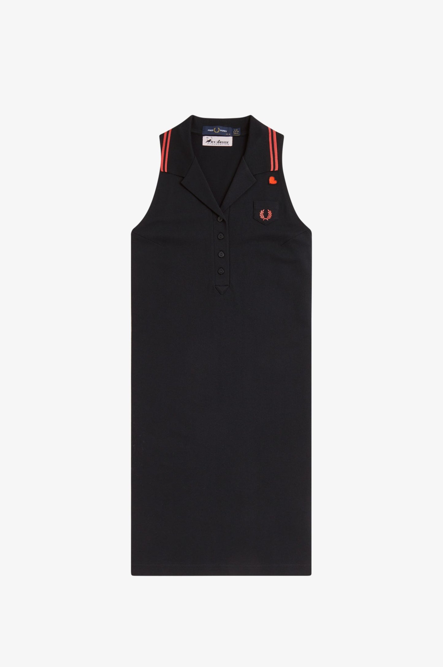 Black sleeveless dress with red accents on a white background