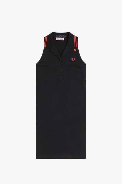 Black sleeveless dress with red accents on a white background