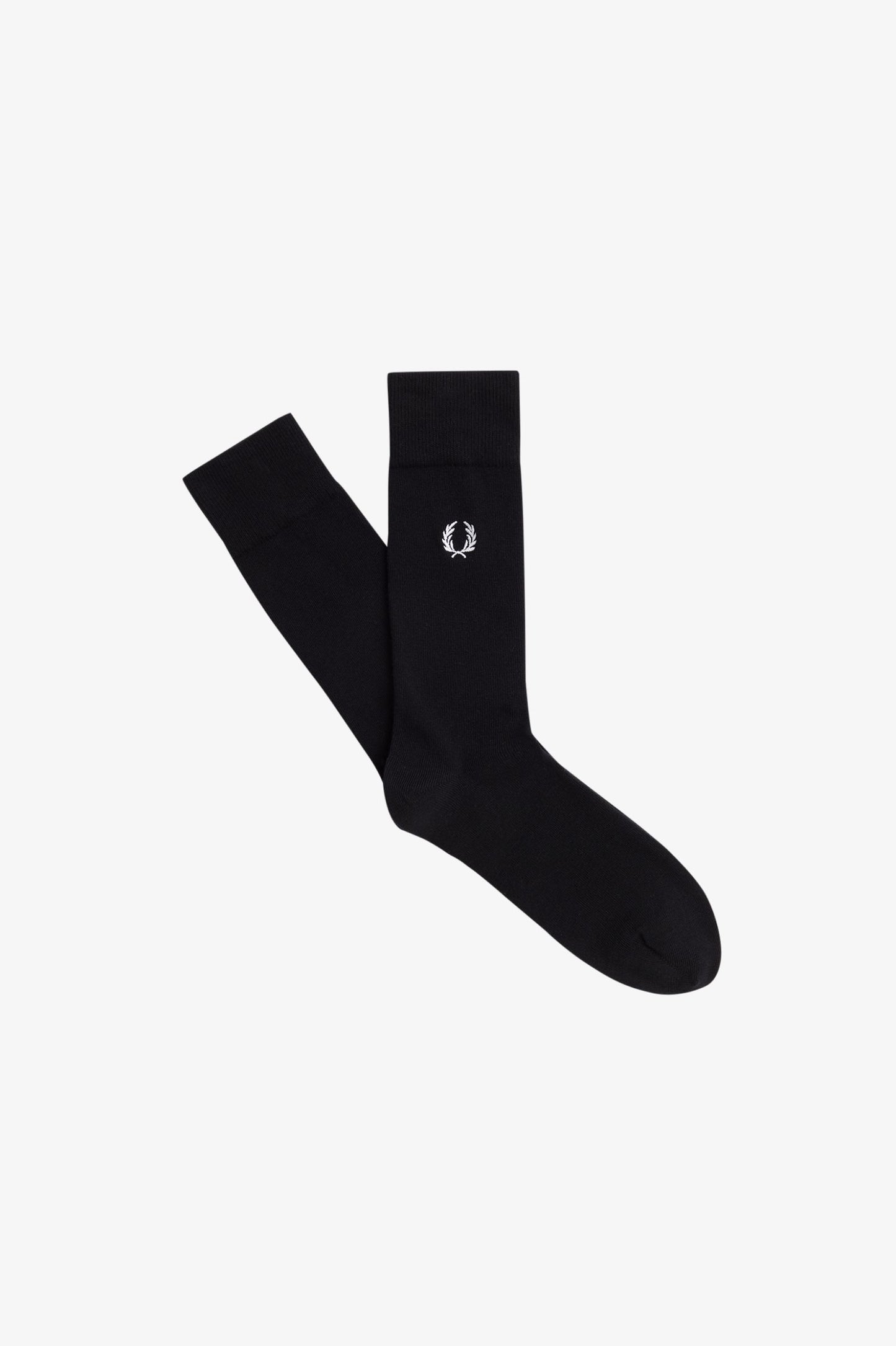 A pair of black Fred Perry socks with the brand's logo on the ankle area.