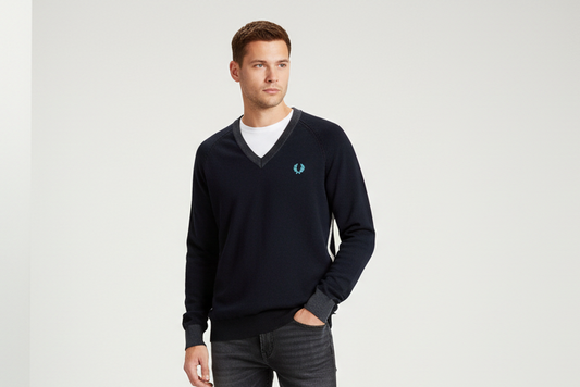Man wearing a navy sweater and dark jeans on a white background