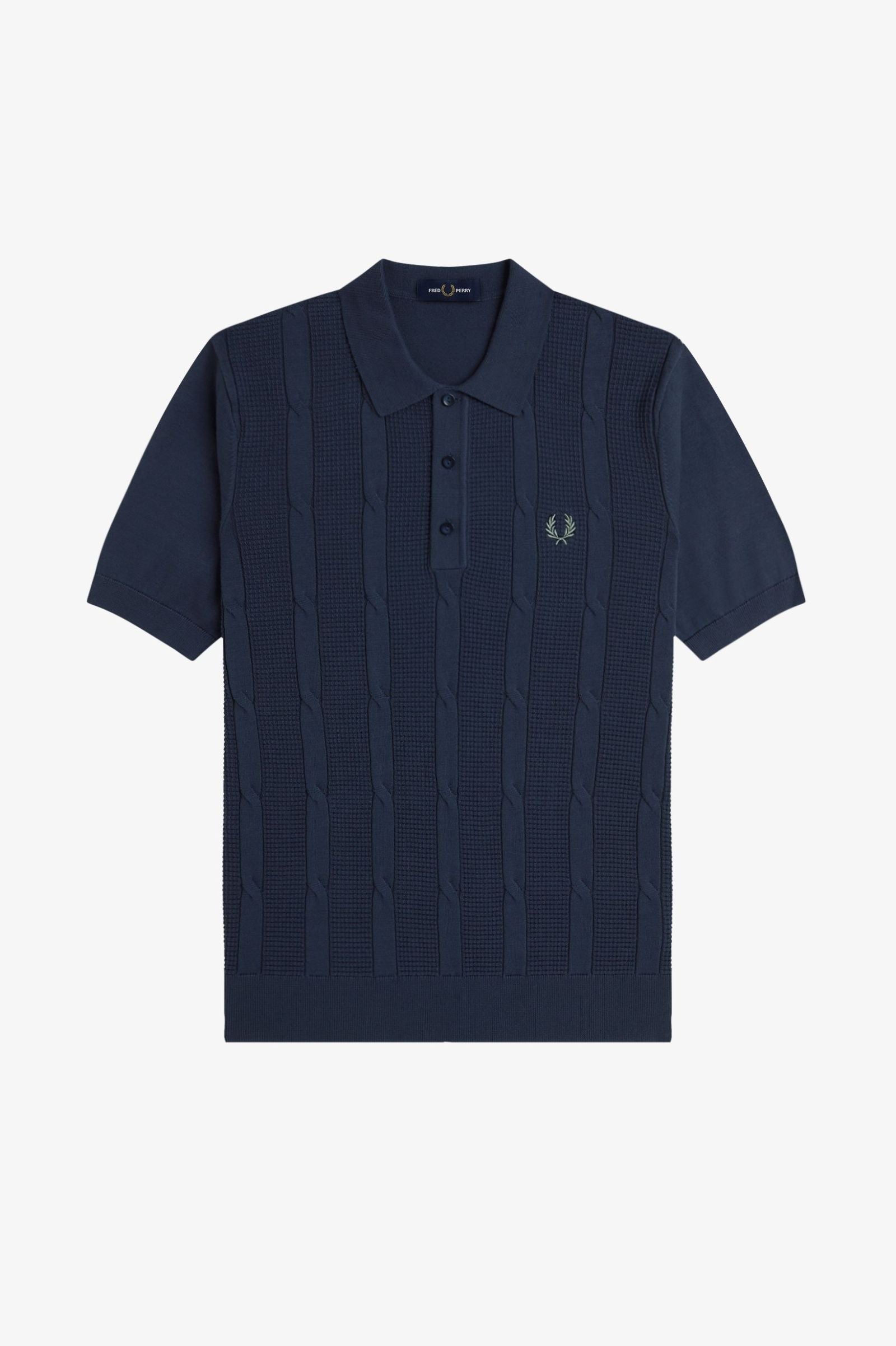 Navy blue polo shirt with a brand logo on a light gray background