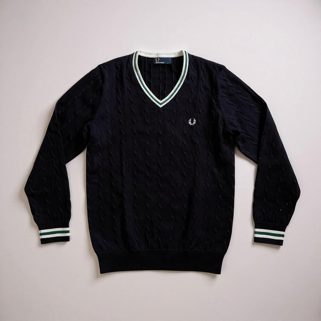 Black sweater with white trim on a light gray background