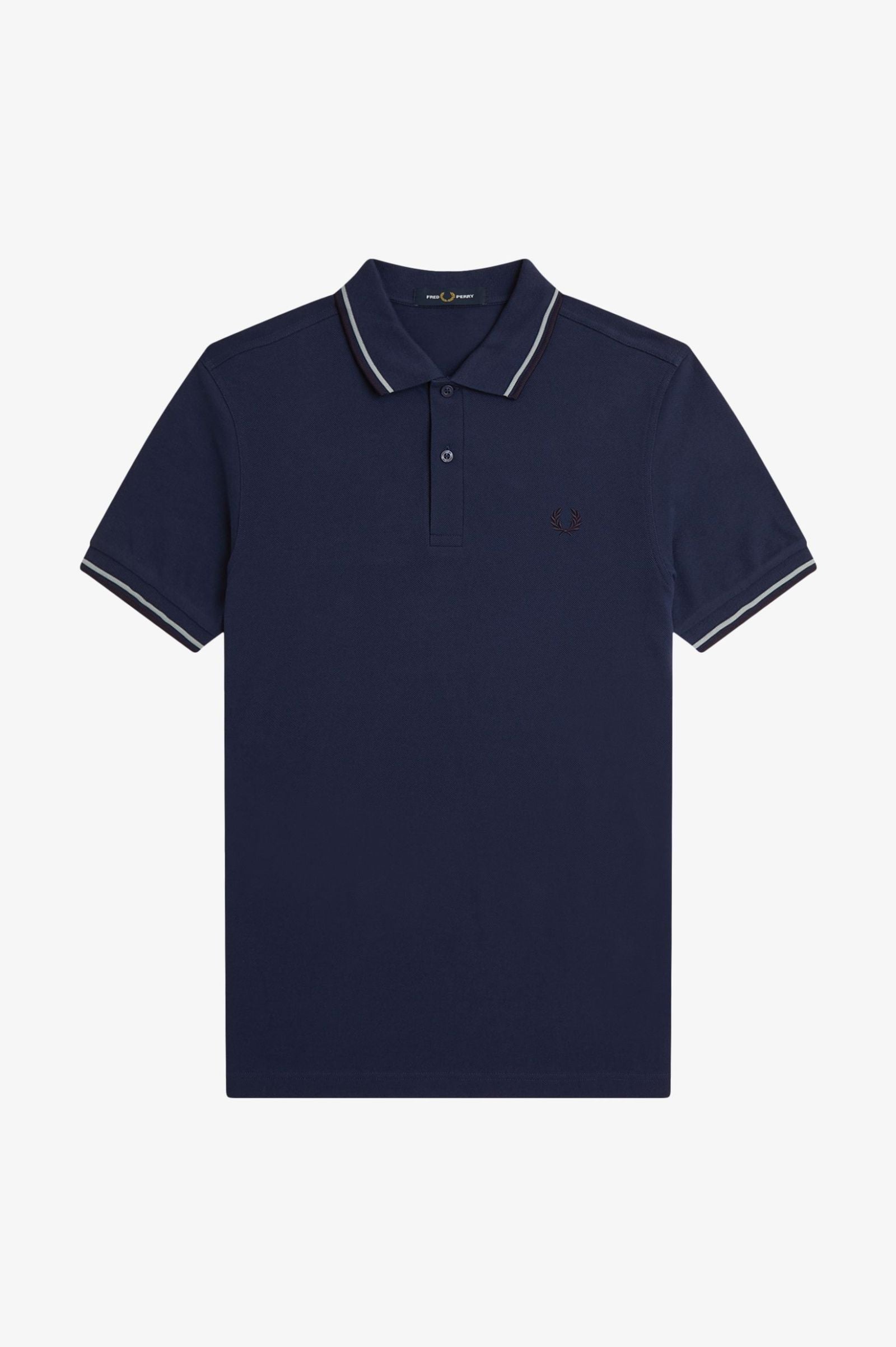 Navy blue polo shirt with white trim on a light gray background