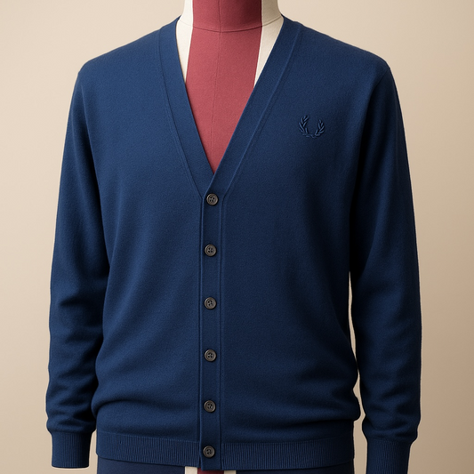 Blue cardigan with a small logo on a beige background