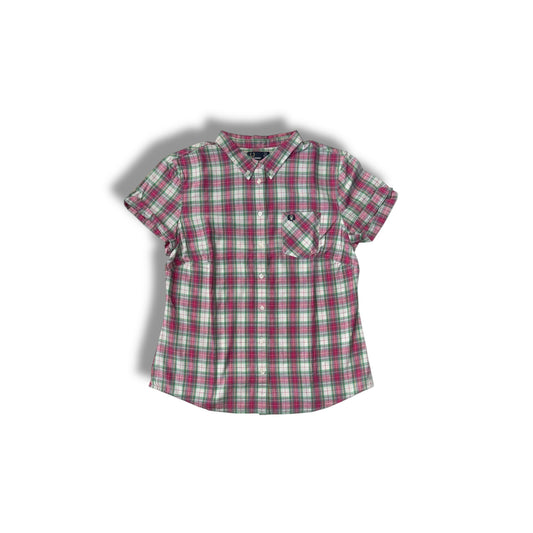 A red and blue tartan pattern short-sleeved Fred Perry shirt with a collar and a pocket on the chest.