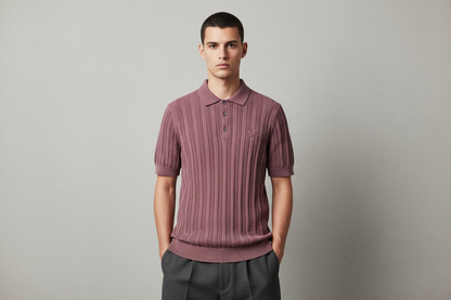 Man wearing a ribbed knit polo shirt against a plain background