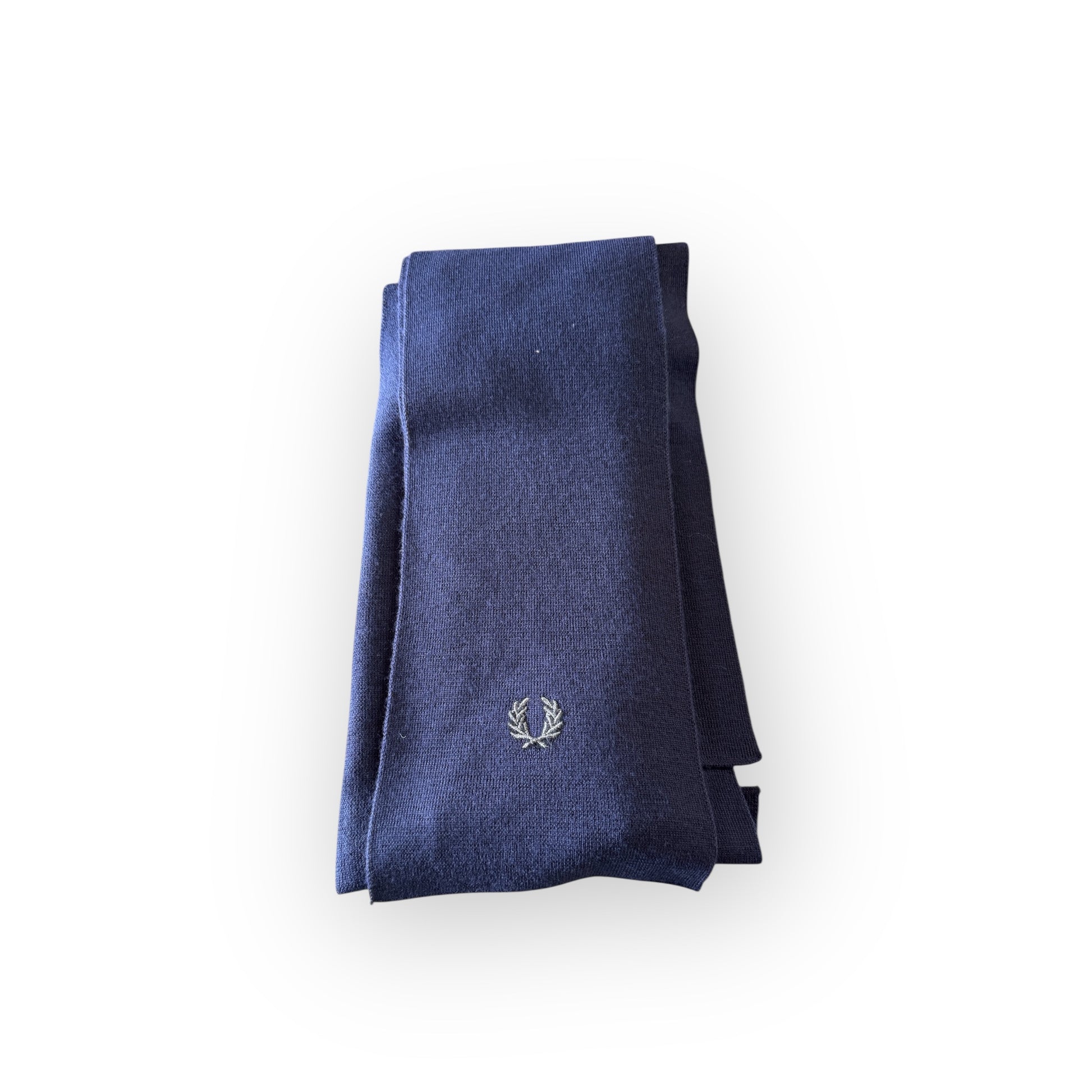 A navy blue scarf with a subtle pattern, featuring the Fred Perry logo.
