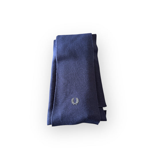 A navy blue scarf with a subtle pattern, featuring the Fred Perry logo.