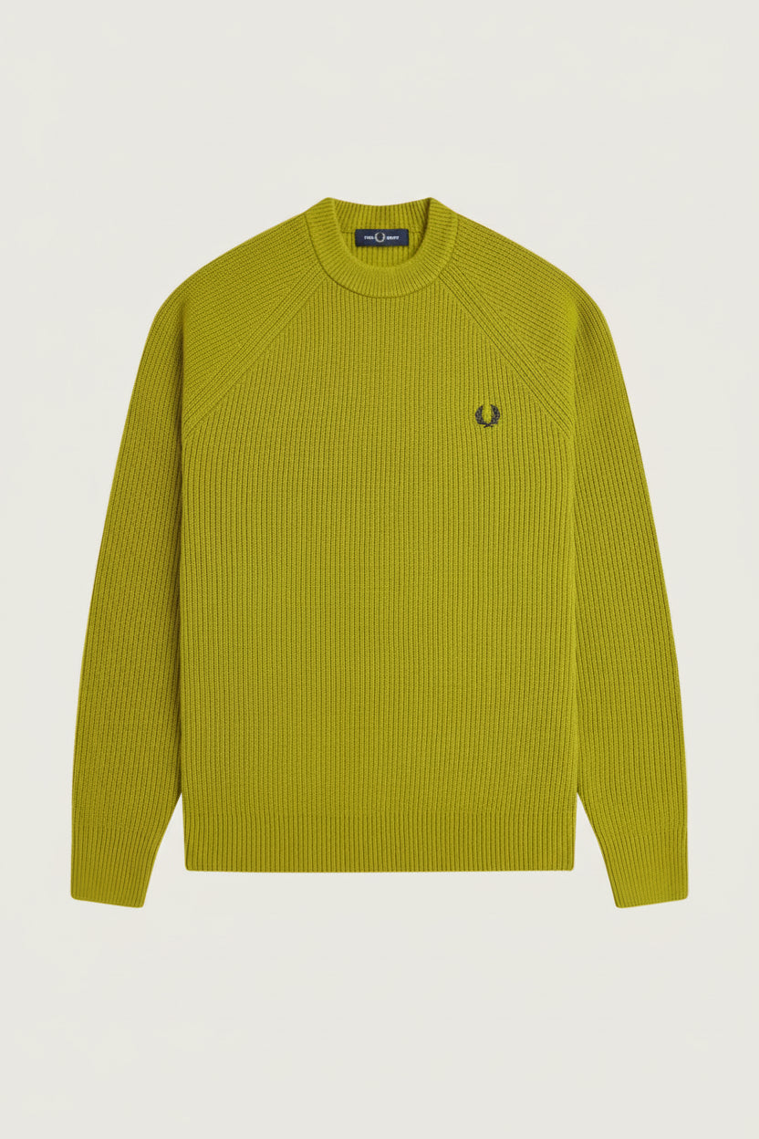 Green ribbed sweater with a brand logo on a white background