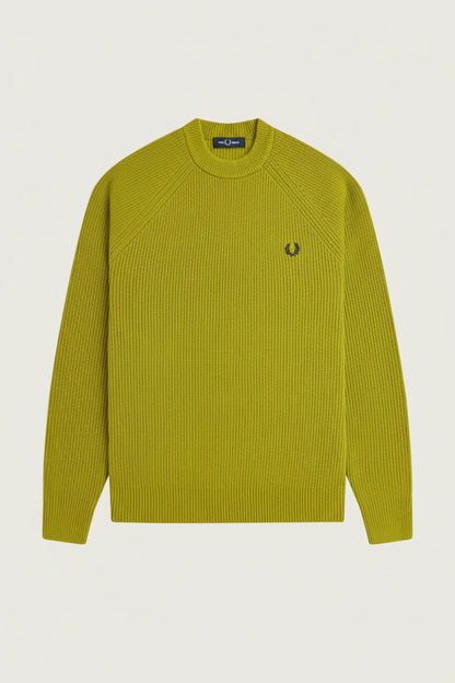 Green ribbed sweater with a brand logo on a white background