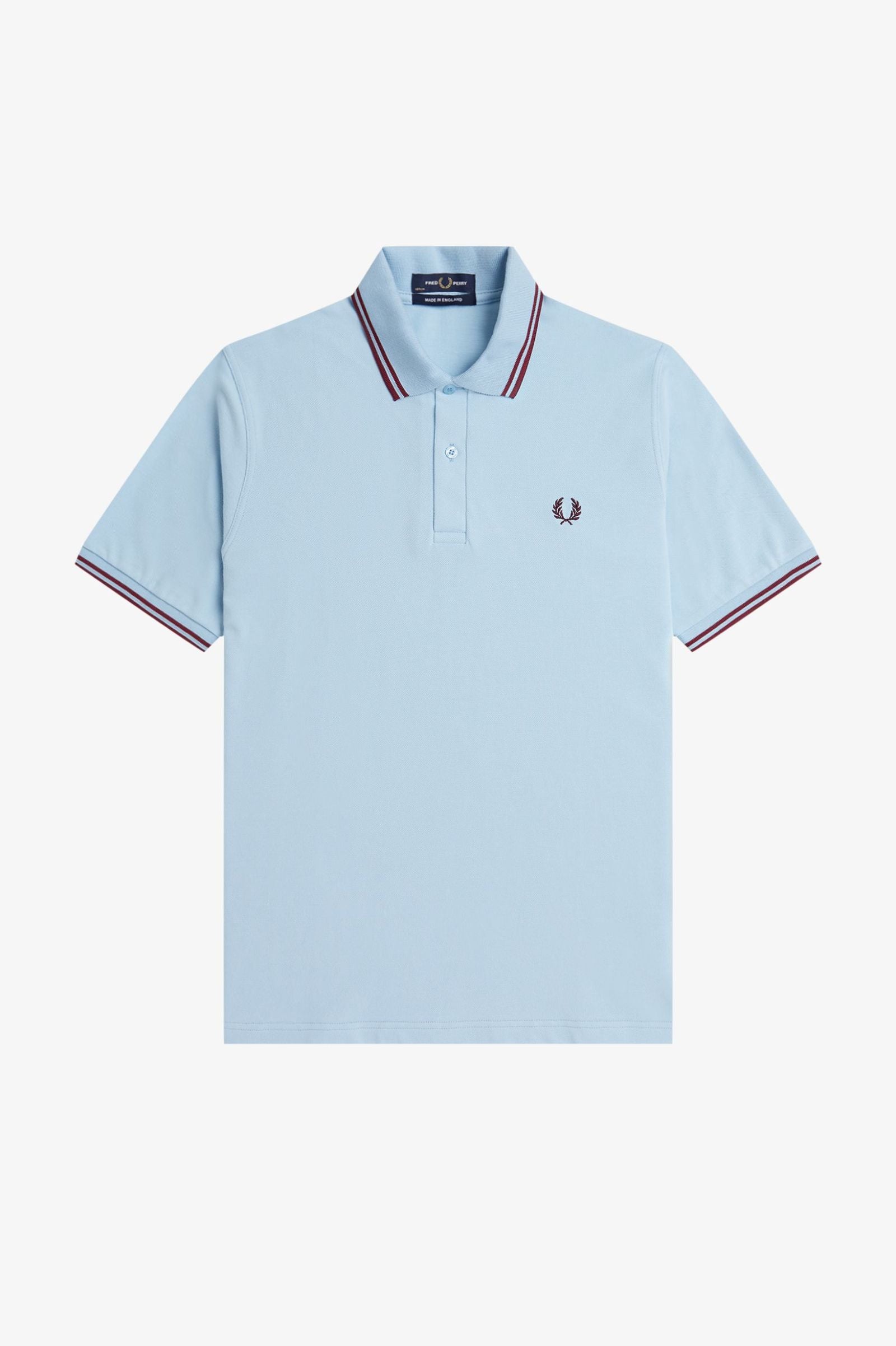 Light blue polo shirt with red and white trim on a white background