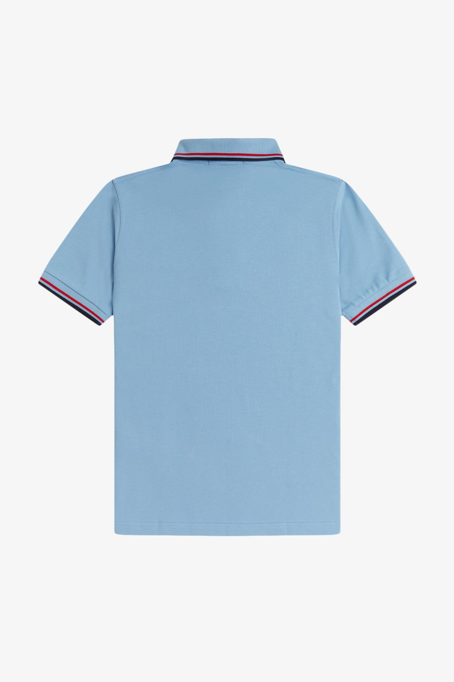 Light blue polo shirt with red and navy trim on a white background