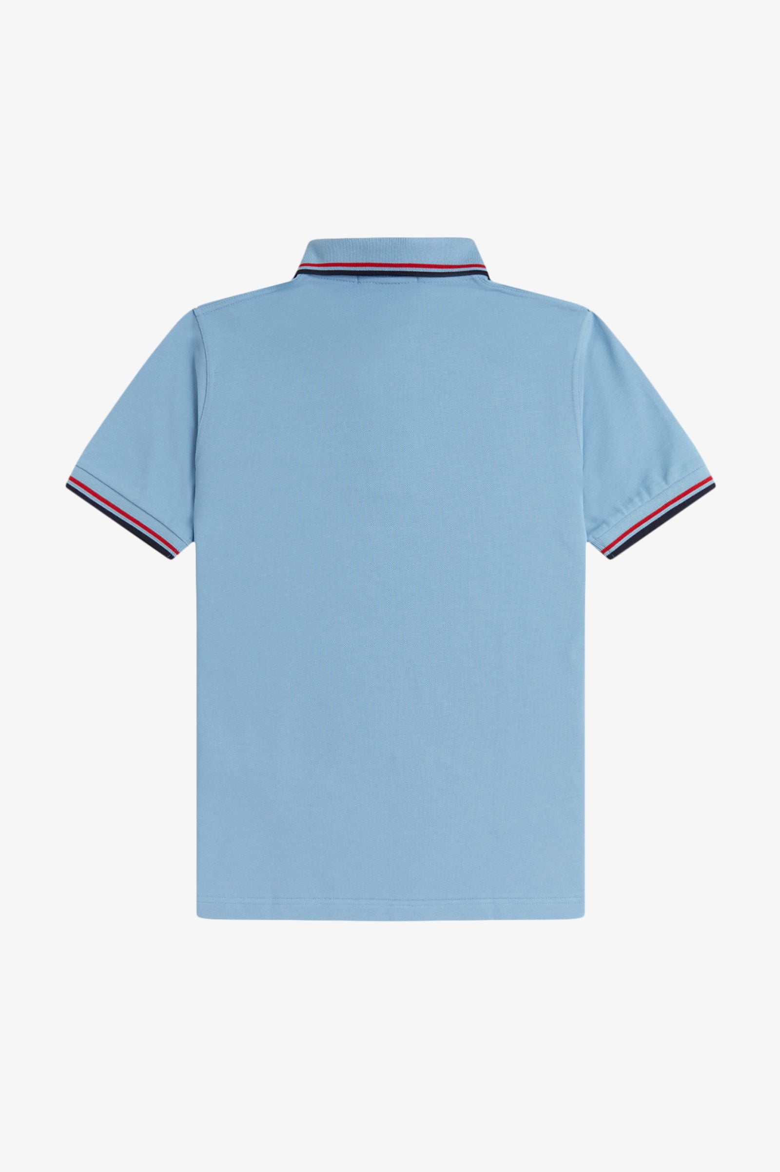 Light blue polo shirt with red and navy trim on a white background