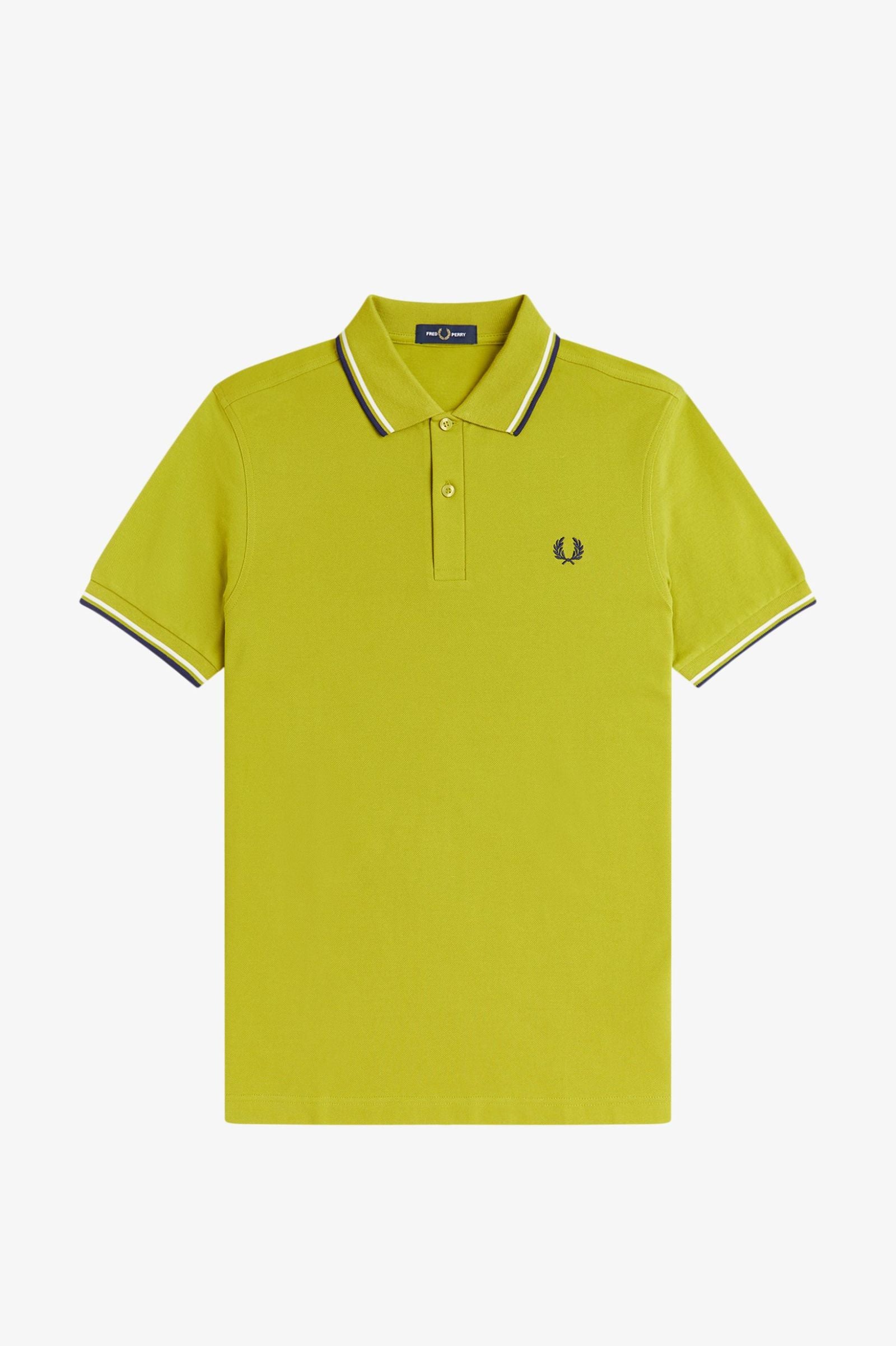 Yellow polo shirt with black trim on a white background